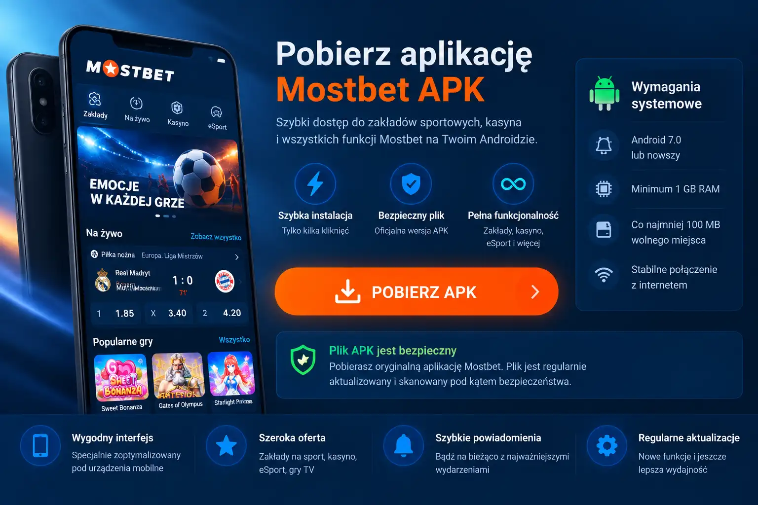 Strona pobierania aplikacji Mostbet – przycisk Pobierz APK z informacją o wersji Android