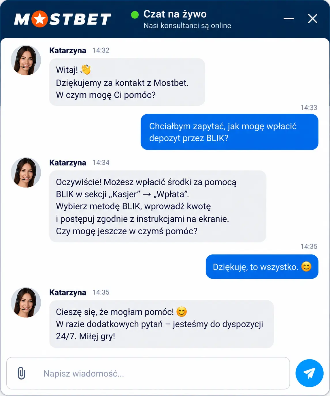 Okno czatu na żywo Mostbet – aktywna rozmowa z konsultantem z widocznym czasem oczekiwania