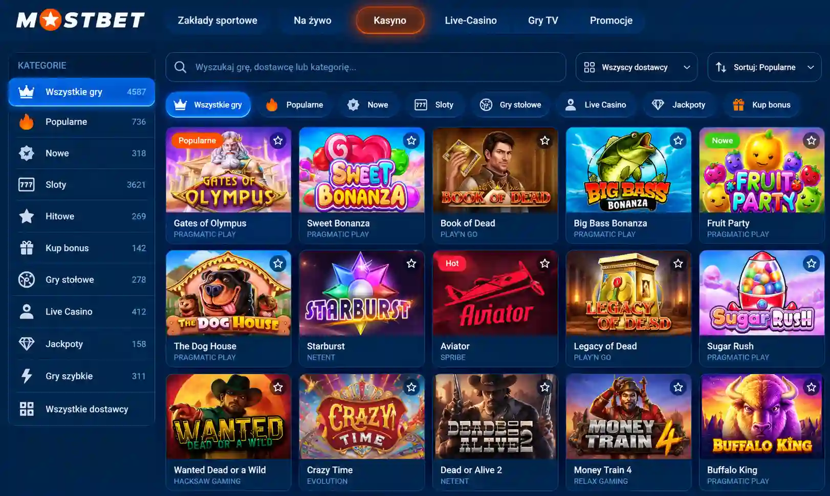 Lobby gier w Mostbet PL – kafelki z automatami, filtr kategorii i pasek wyszukiwania