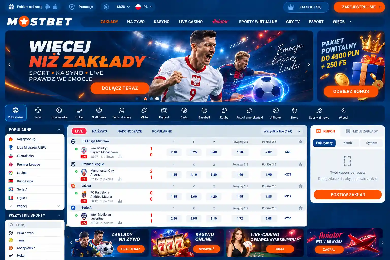 Strona główna Mostbet PL – widok interfejsu desktopowego z menu nawigacyjnym i sekcją zakładów
