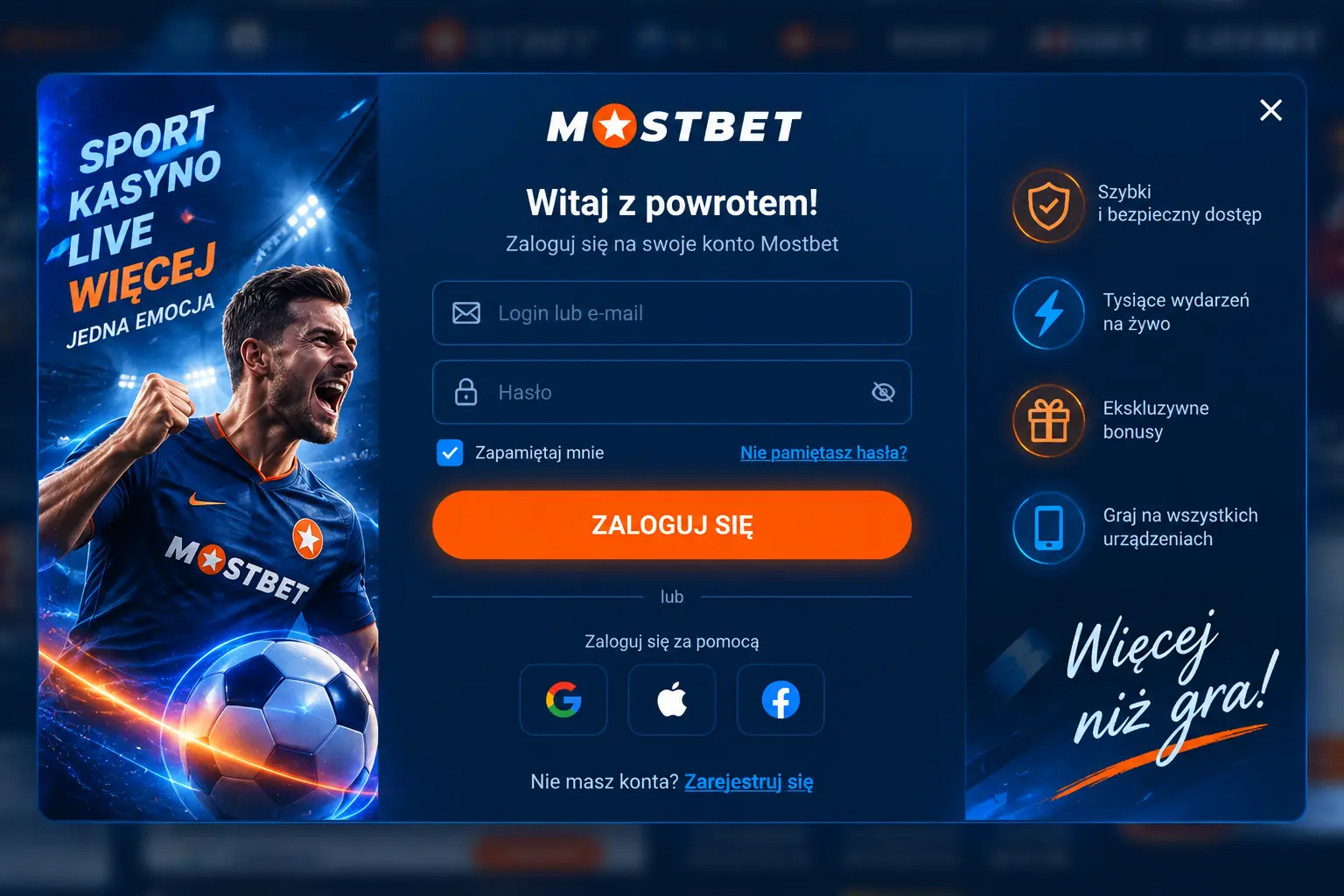 Okno logowania Mostbet z polami loginu, hasła i przyciskiem Zaloguj się