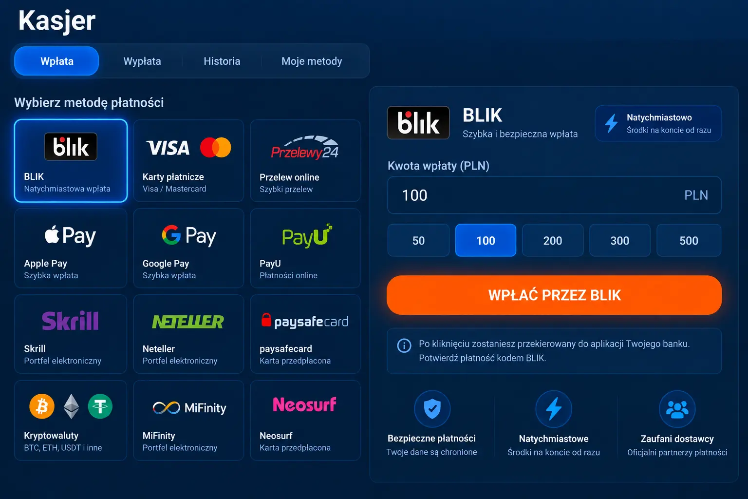 Strona kasjer w Mostbet PL – dostępne metody wpłaty z wyróżnionym przyciskiem BLIK