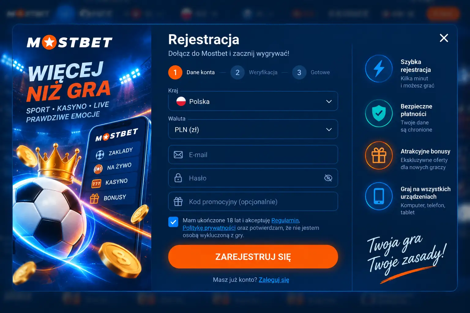 Formularz rejestracyjny Mostbet z wyborem kraju Polska, walutą PLN i polem kodu promocyjnego