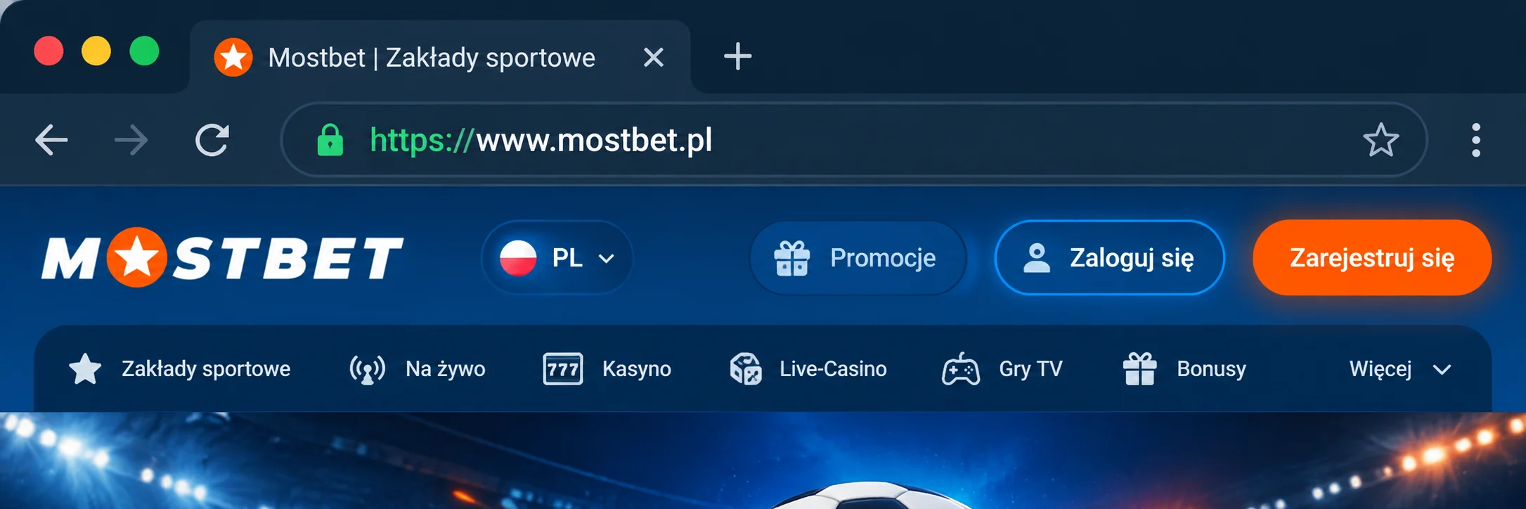 Pasek adresu przeglądarki z widocznym certyfikatem SSL i zamkniętą kłódką na stronie Mostbet PL