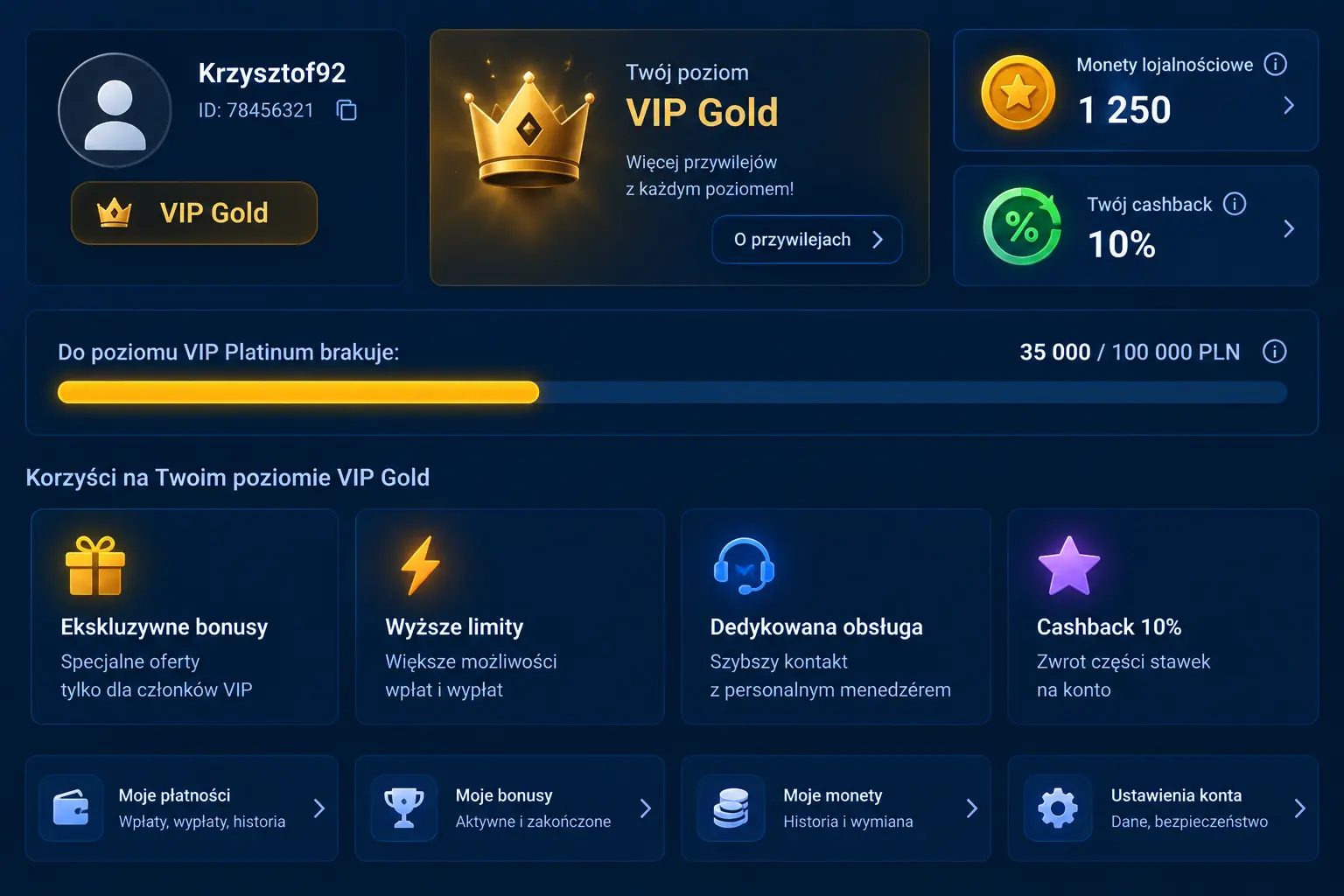 Panel gracza w Mostbet – widok poziomu VIP, liczby zebranych monet lojalnościowych i procentu cashbacku